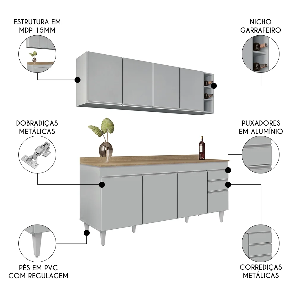 Armário Aéreo Nevada e Balcão 180cm com Tampo Dallas Cinza Claro/Castanho - Lumil