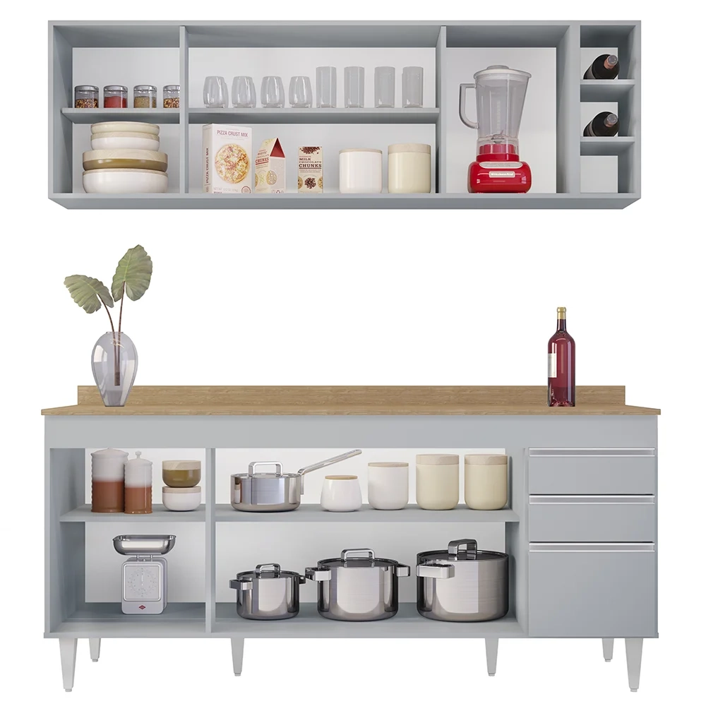 Armário Aéreo Nevada e Balcão 180cm com Tampo Dallas Cinza Claro/Castanho - Lumil