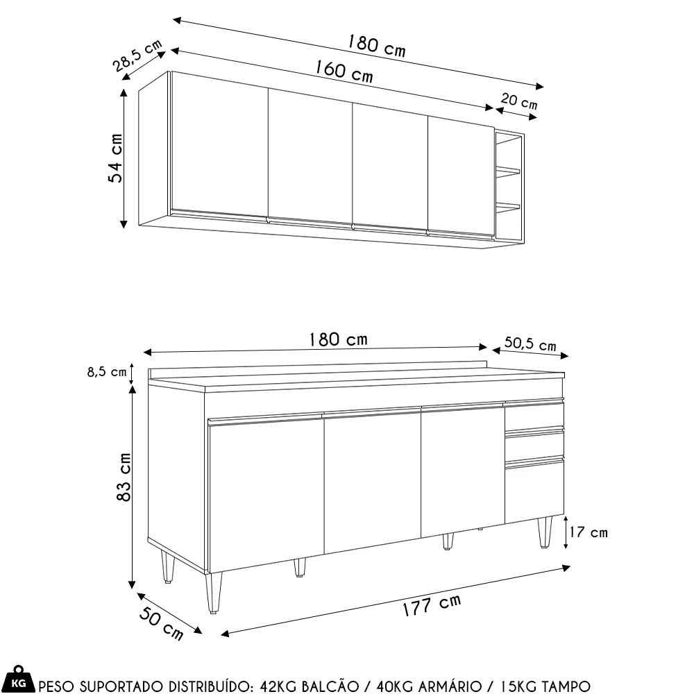 Armário Aéreo Nevada e Balcão 180cm com Tampo Dallas Cinza Claro/Castanho - Lumil