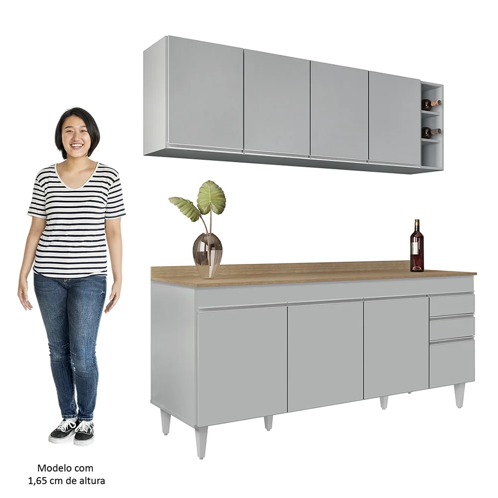 Armário Aéreo Nevada e Balcão 180cm com Tampo Dallas Cinza Claro/Castanho - Lumil