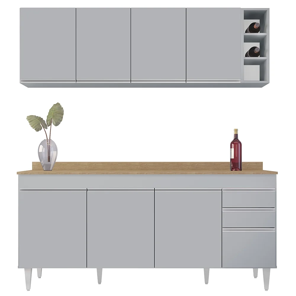 Armário Aéreo Nevada e Balcão 180cm com Tampo Dallas Cinza Claro/Castanho - Lumil