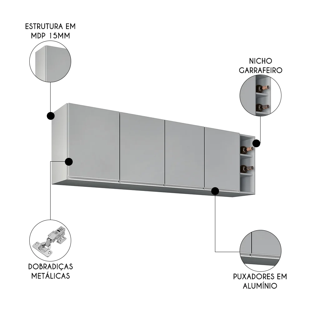Armário de Cozinha Aéreo Nevada com Nicho 180cm 4 Portas Cinza Claro - Lumil