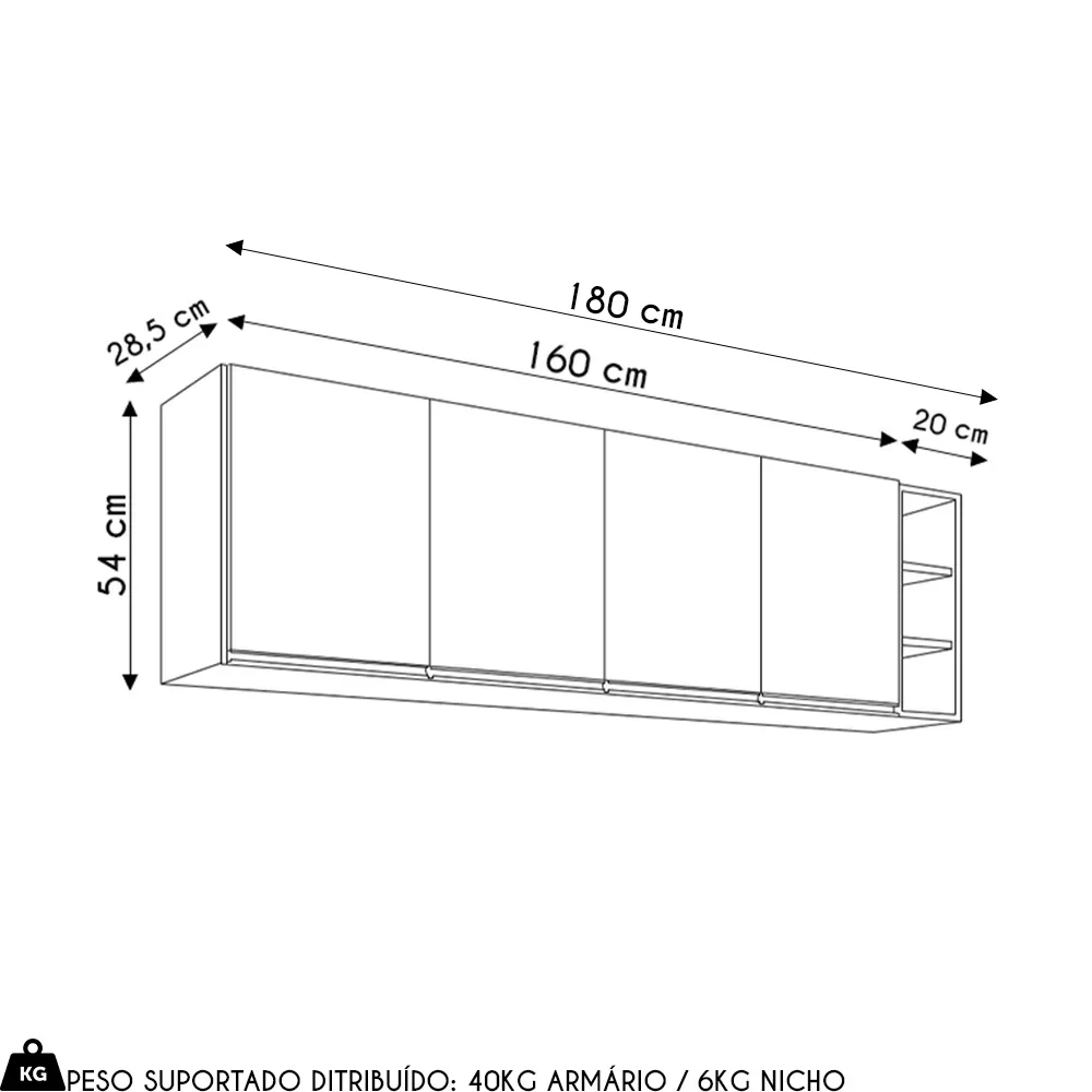 Armário de Cozinha Aéreo Nevada com Nicho 180cm 4 Portas Cinza Claro - Lumil