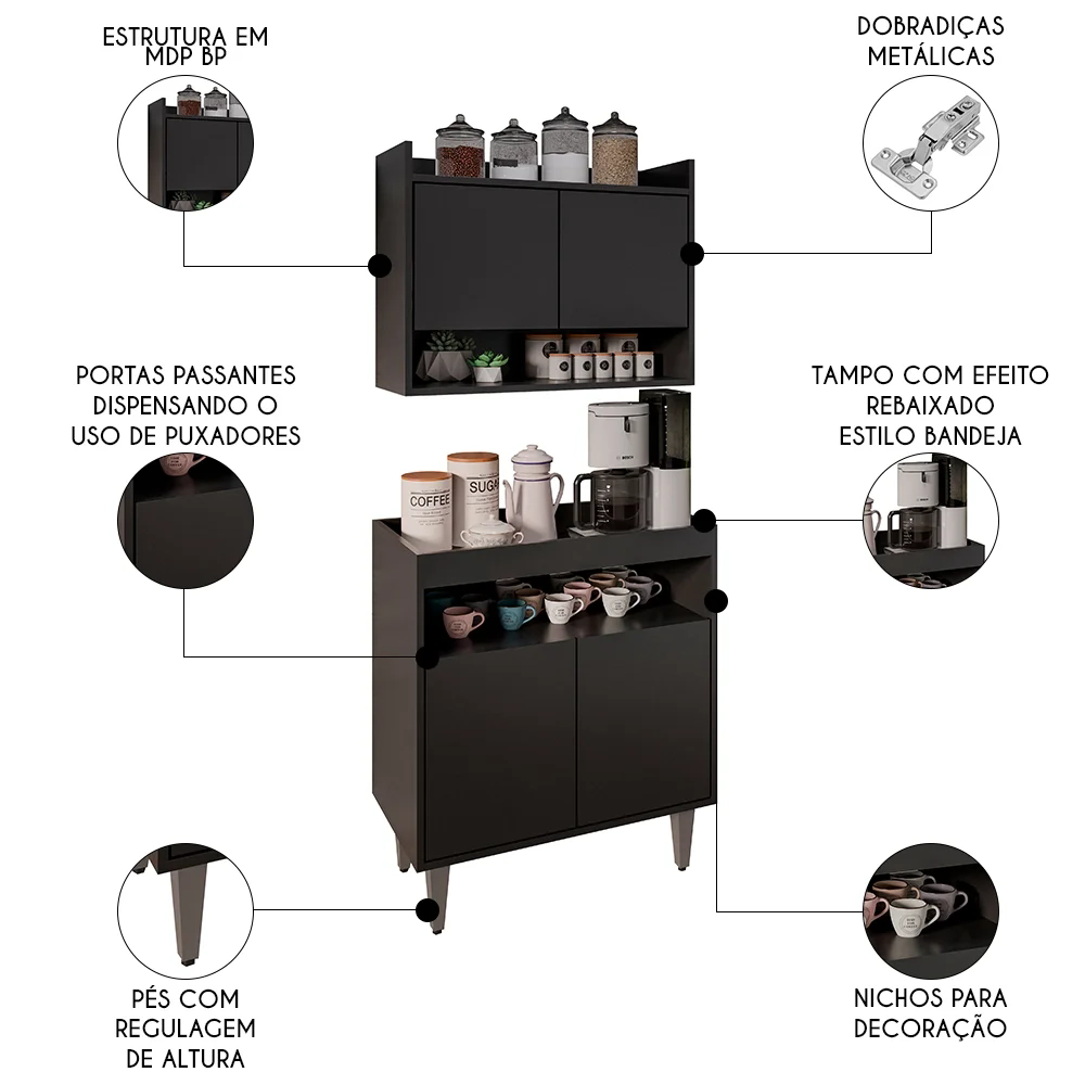 Armário Aéreo Ceci e Balcão Aparador Buffet Lice Z34 Preto - Mpozenato