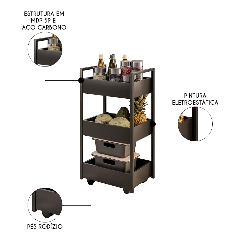 Carrinho Gourmet de Apoio Industrial 3 Prateleiras Liss Z34 Preto - Mpozenato