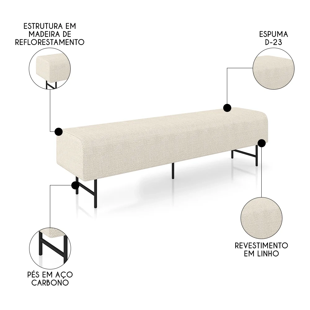 Puff Recamier Decorativo Pés em Ferro 140cm Dublin Z37 Linho Creme - Mpozenato
