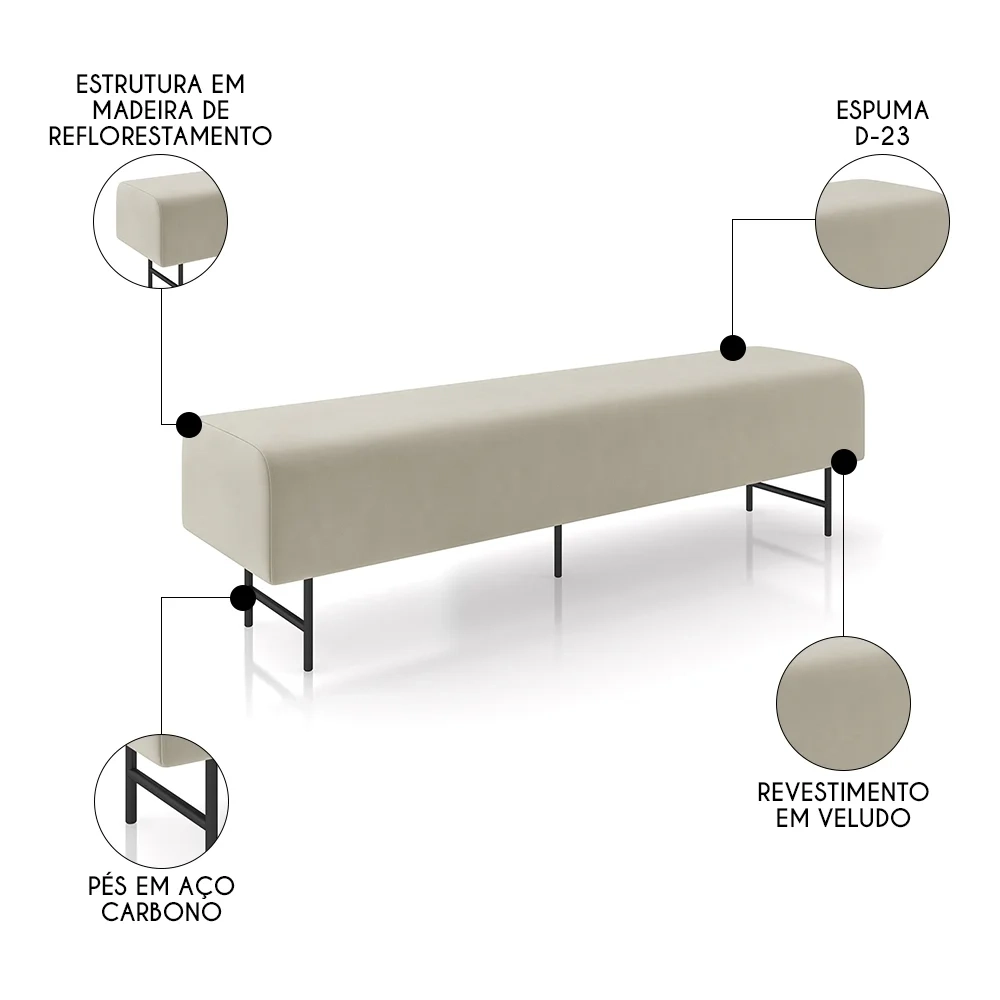 Puff Recamier Decorativo Pés em Ferro 160cm Dublin Z37 Veludo Bege - Mpozenato