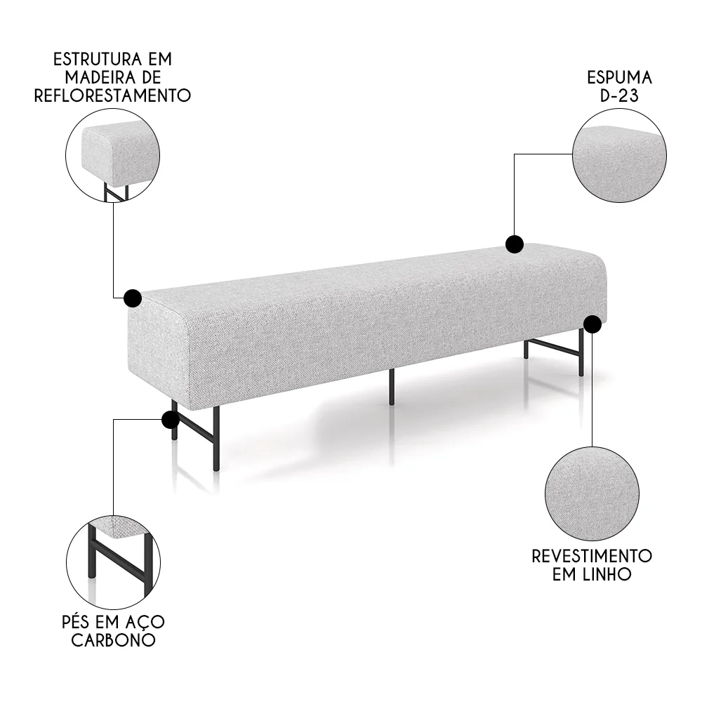 Puff Recamier Decorativo Pés em Ferro 160cm Dublin Z37 Linho Cinza Claro - Mpozenato