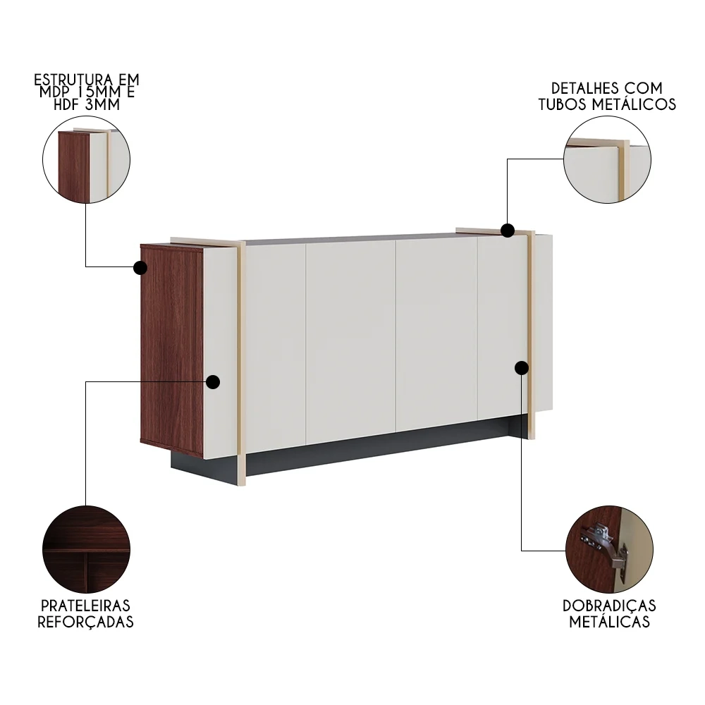 Balcão Aparador Buffet 4 Portas 160cm Barcelona C05 Nogueira/Off/Dourado - Mpozenato