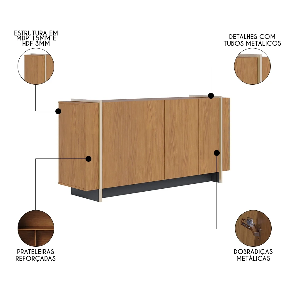 Balcão Aparador Buffet 4 Portas 160cm Copacabana Freijó/Dourado - Colibri