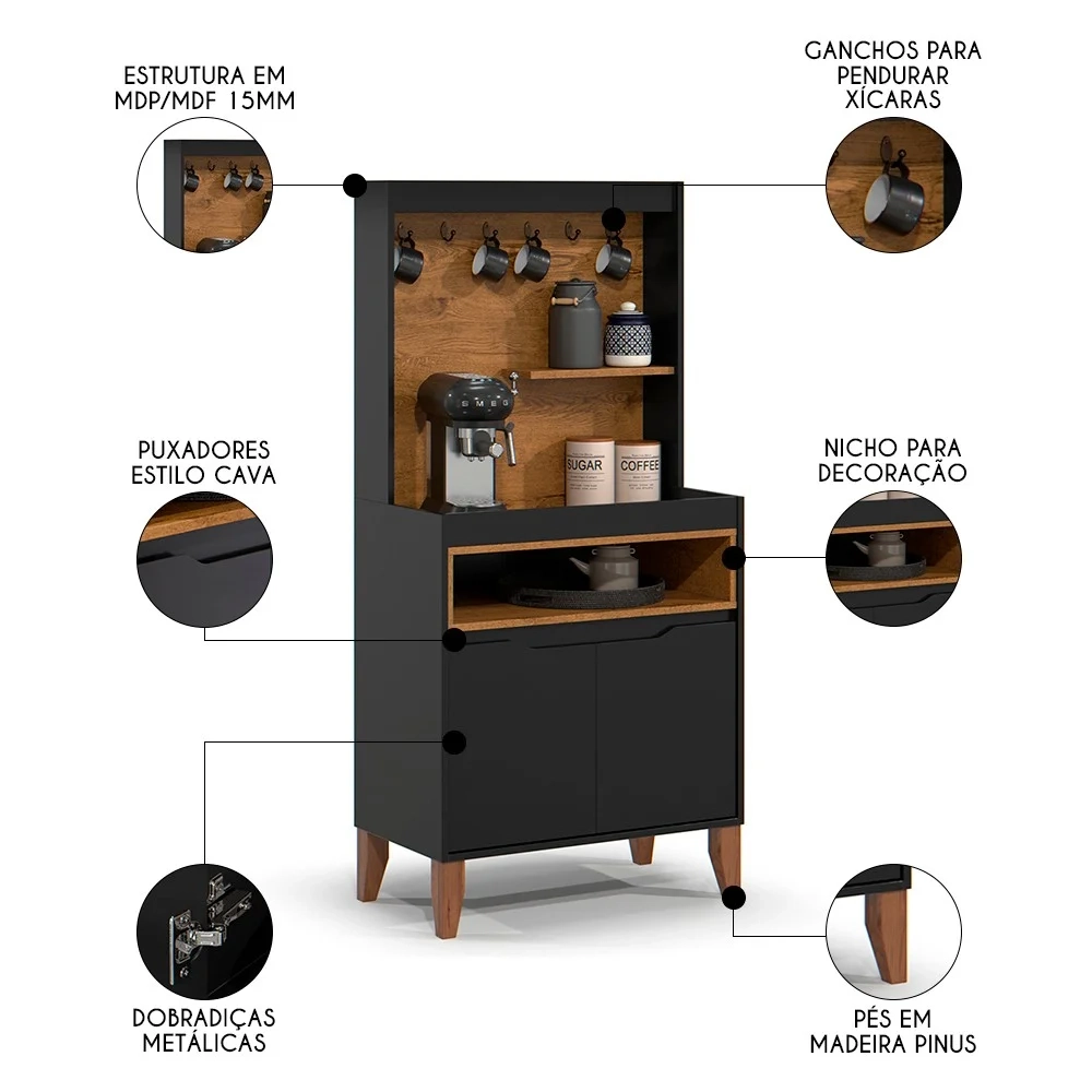 Armário Multiuso Cantinho do Café 71cm Flow Preto/Freijó - EJ Móveis