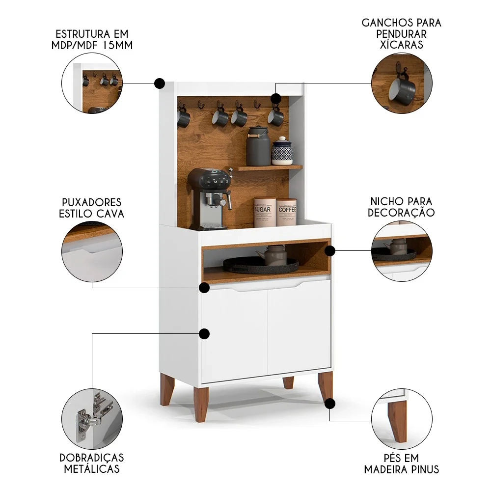 Armário Multiuso Cantinho do Café 71cm Flow Branco/Freijó - EJ Móveis