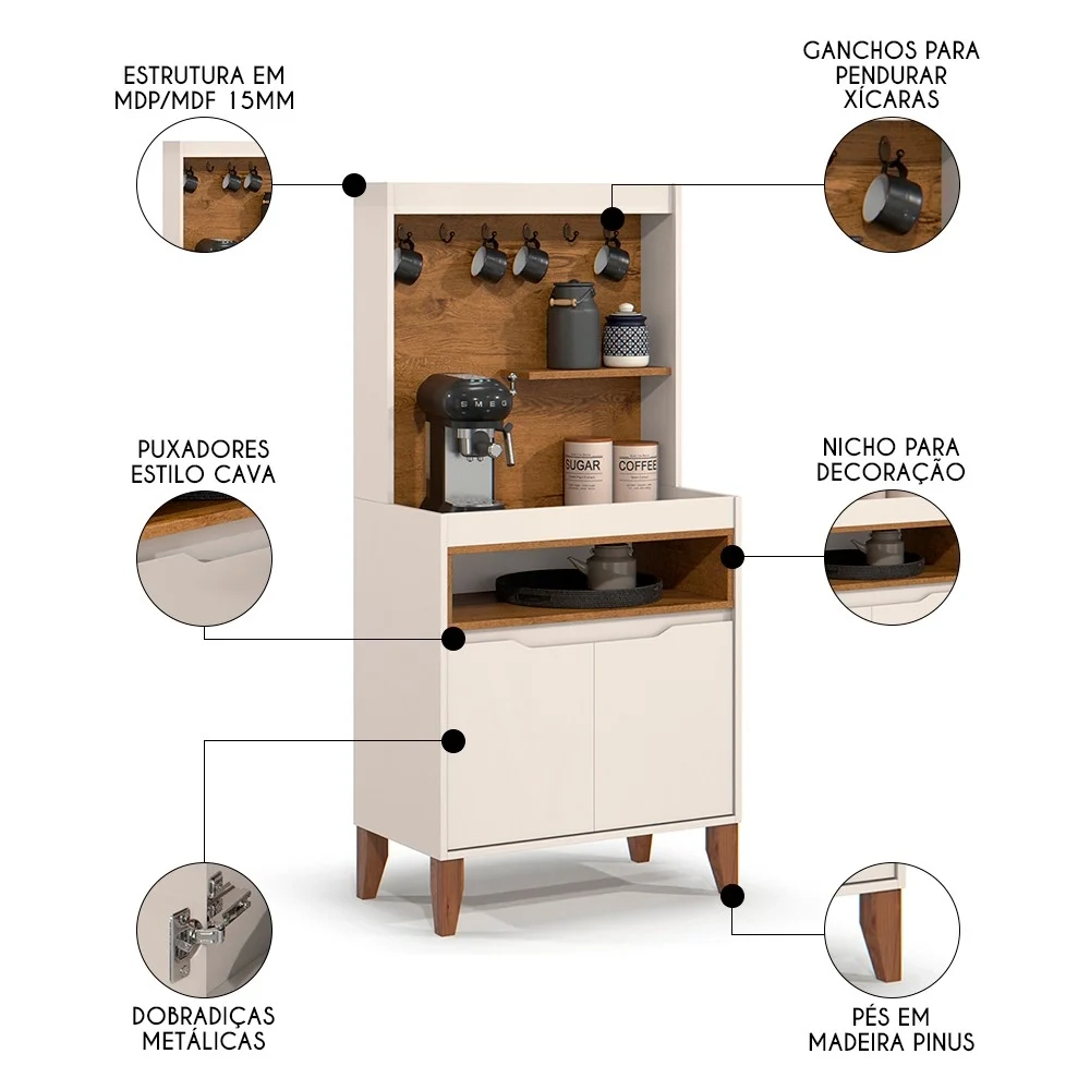 Armário Multiuso Cantinho do Café 71cm Flow Off/Freijó - EJ Móveis