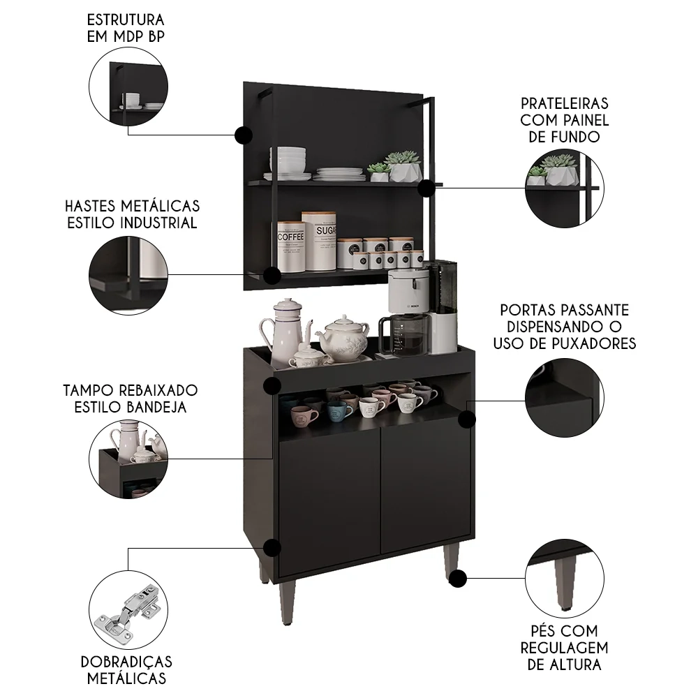 Aparador Cantinho do Café e Painel 2 Prateleiras Flora Z34 Preto - Mpozenato