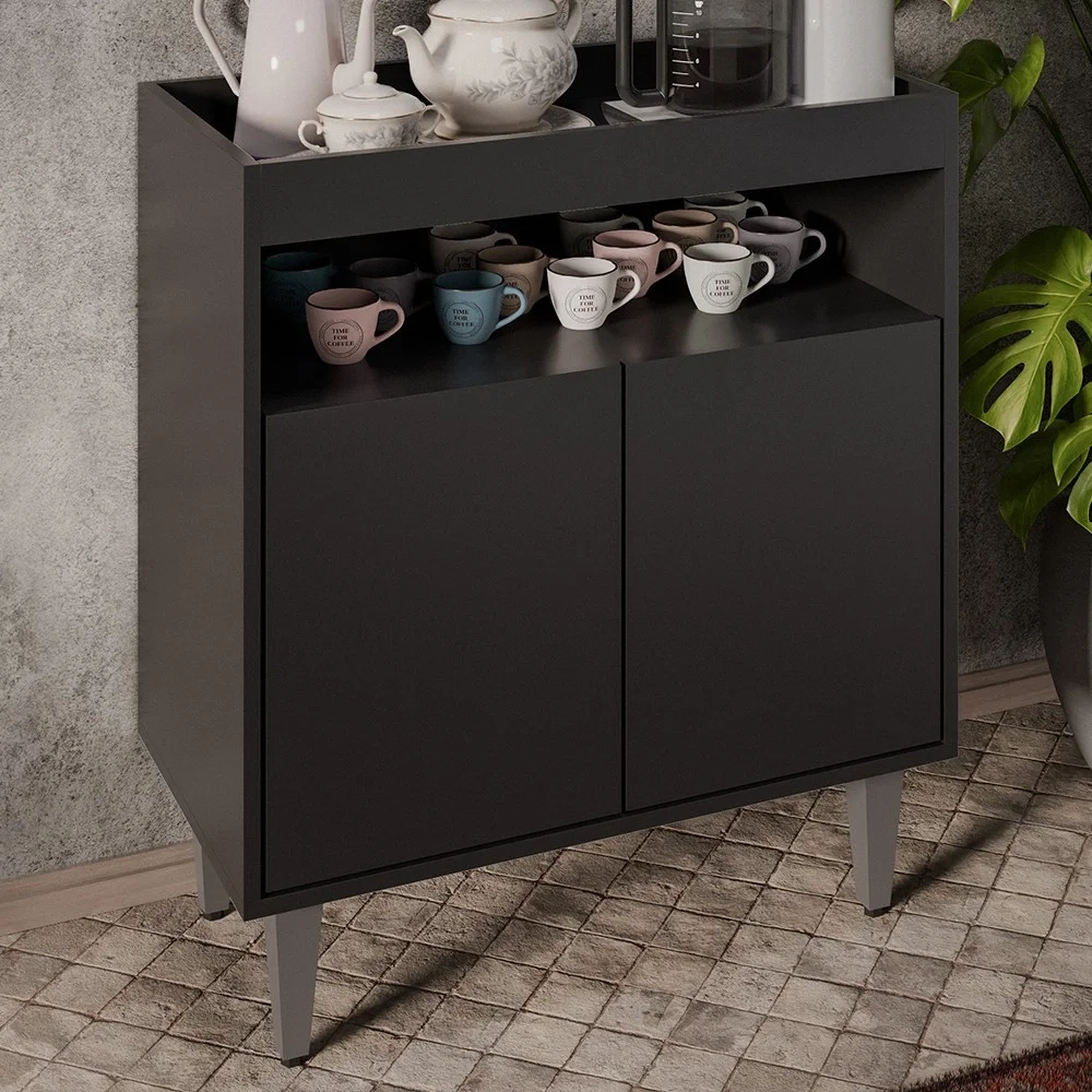 Aparador Cantinho do Café e Painel 2 Prateleiras Flora Z34 Preto - Mpozenato