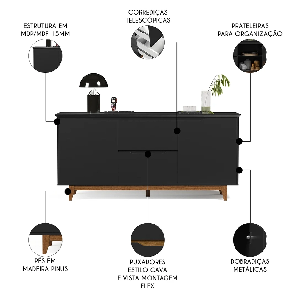 Buffet Aparador para Sala de Jantar 163cm Flow Preto - EJ Móveis
