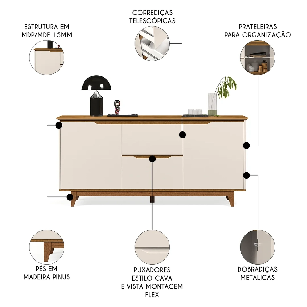 Buffet Aparador para Sala de Jantar 163cm Flow Off/Freijó - EJ Móveis