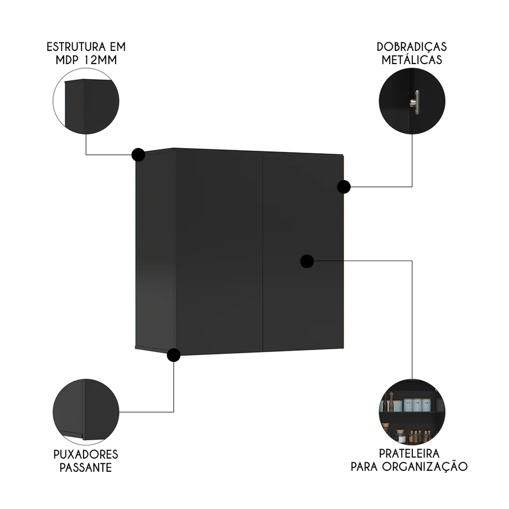 Armário de Cozinha Aéreo 2 Portas 67cm Italy Preto - EJ Móveis
