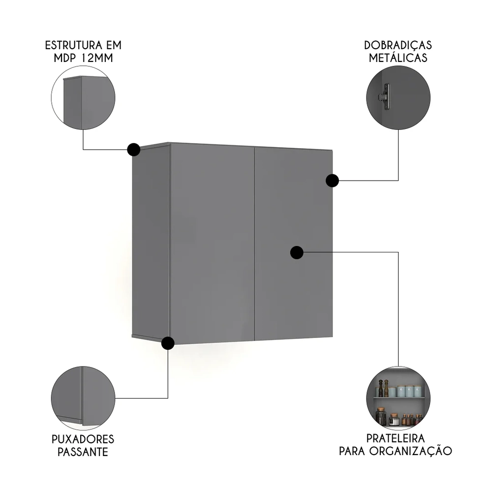 Armário de Cozinha Aéreo 2 Portas 67cm Italy Cinza - EJ Móveis