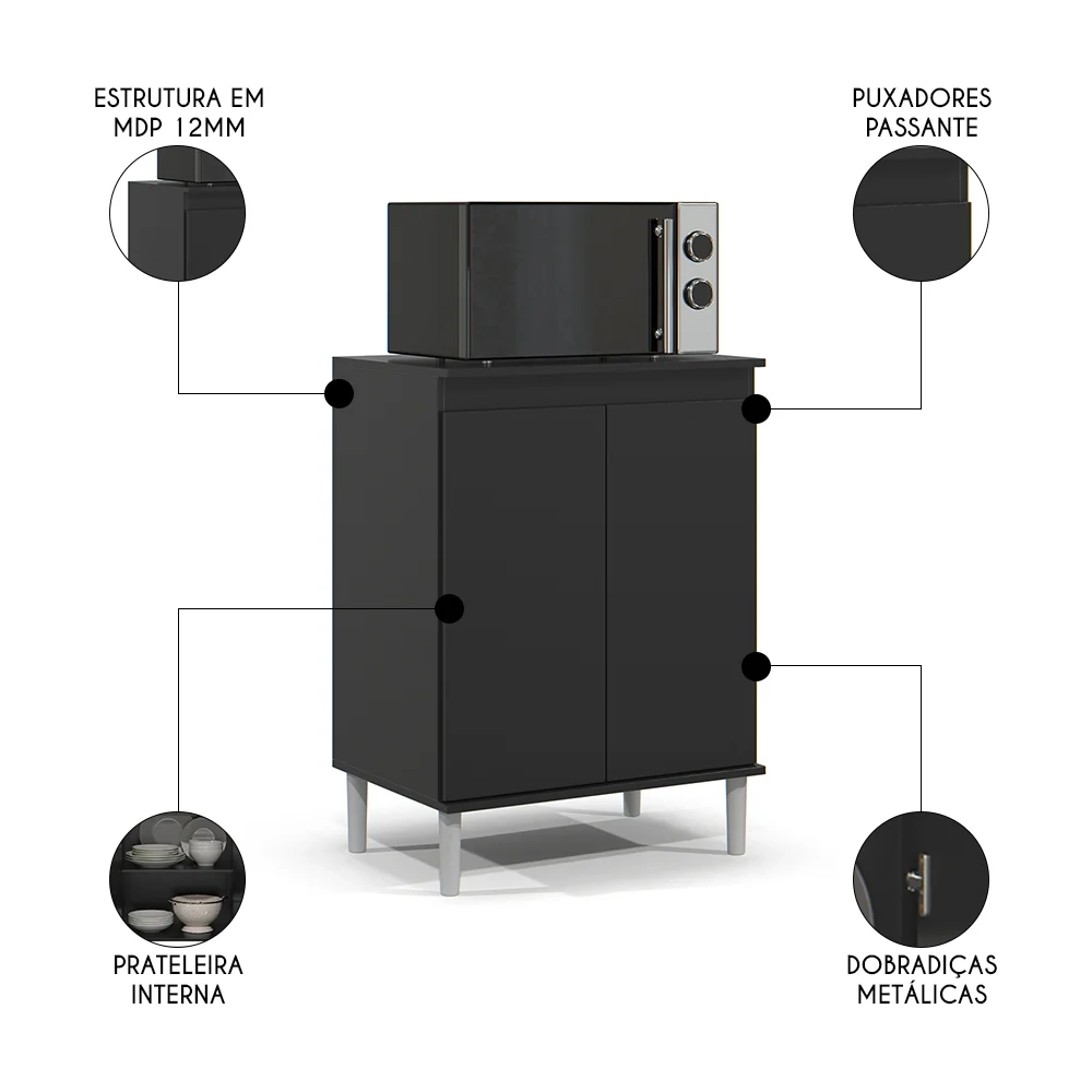Balcão de Cozinha com Tampo 2 Portas 61cm Italy Preto - EJ Móveis