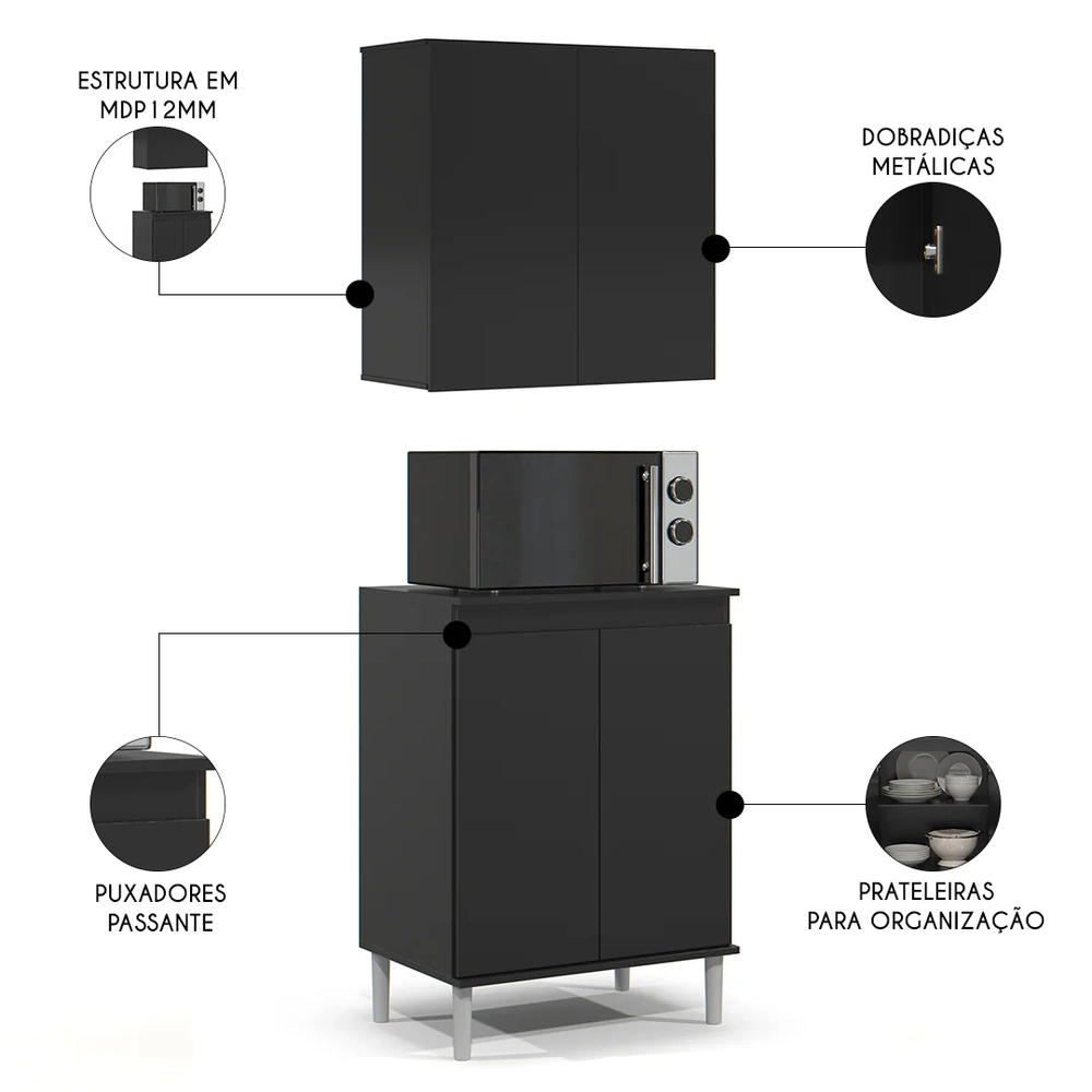 Armário de Cozinha Aéreo e Balcão com Tampo Italy Preto - EJ Móveis