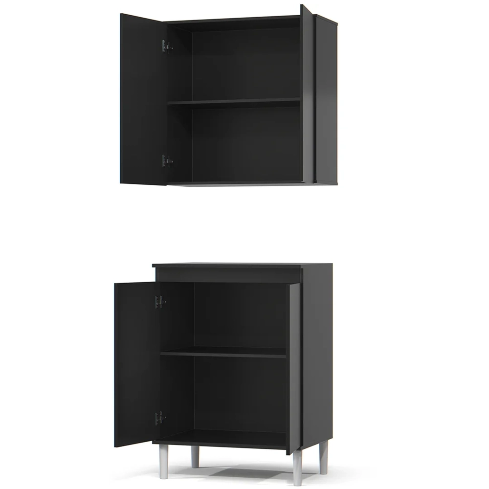 Armário de Cozinha Aéreo e Balcão com Tampo Italy Preto - EJ Móveis