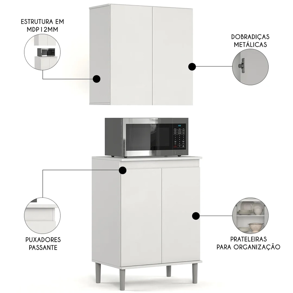 Armário de Cozinha Aéreo e Balcão com Tampo Italy Branco - EJ Móveis