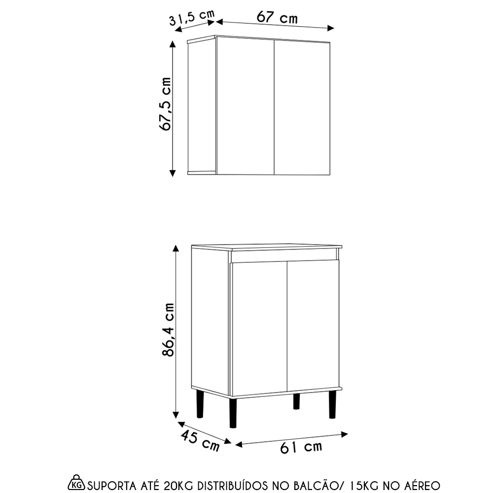 Armário de Cozinha Aéreo e Balcão com Tampo Italy Branco - EJ Móveis