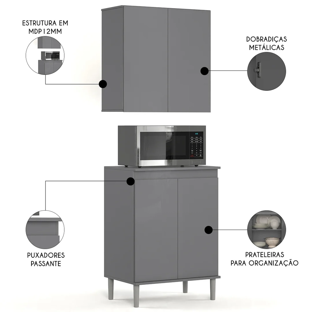 Armário de Cozinha Aéreo e Balcão com Tampo Italy Cinza - EJ Móveis