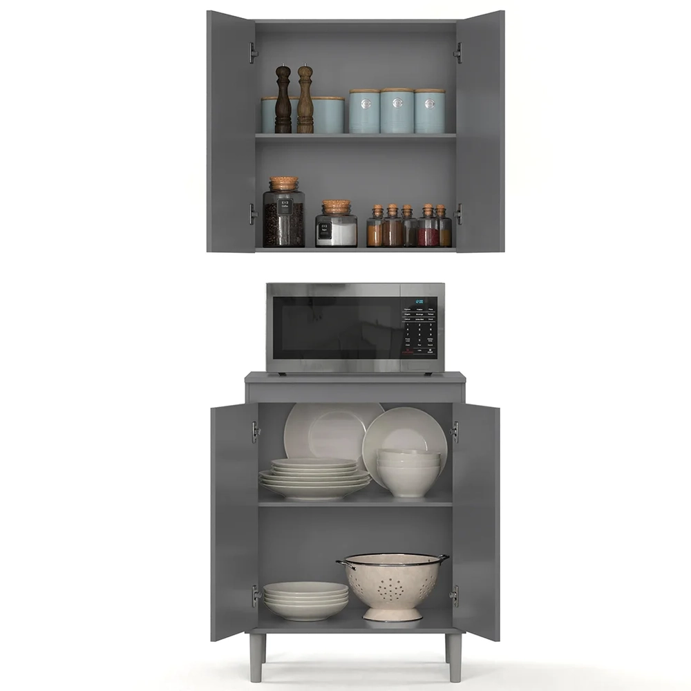 Armário de Cozinha Aéreo e Balcão com Tampo Italy Cinza - EJ Móveis