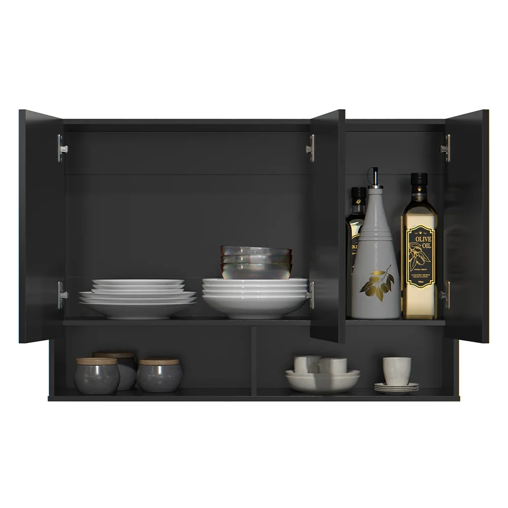 Armário de Cozinha Aéreo 3 Portas 2 Nichos 91cm Milão Preto - EJ Móveis