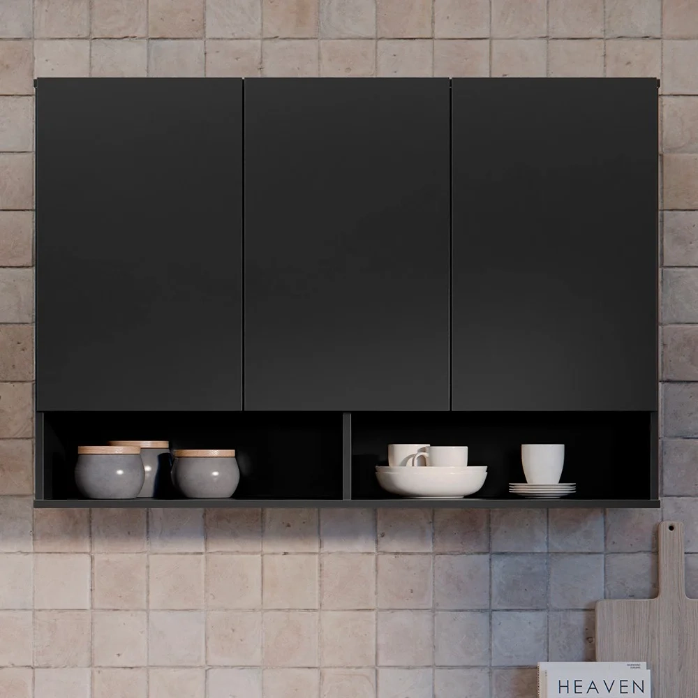 Armário de Cozinha Aéreo 3 Portas 2 Nichos 91cm Milão Preto - EJ Móveis