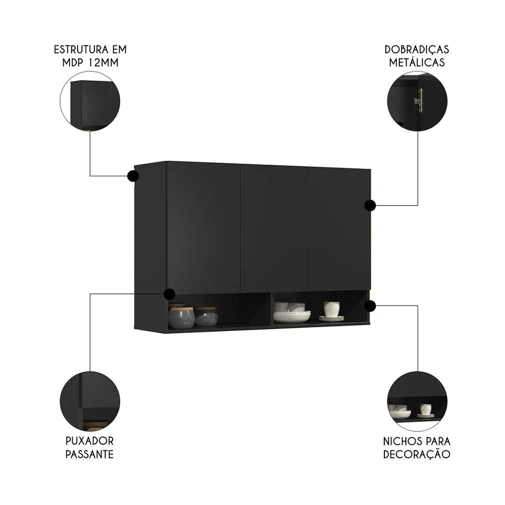 Armário de Cozinha Aéreo 3 Portas 2 Nichos 91cm Milão Preto - EJ Móveis