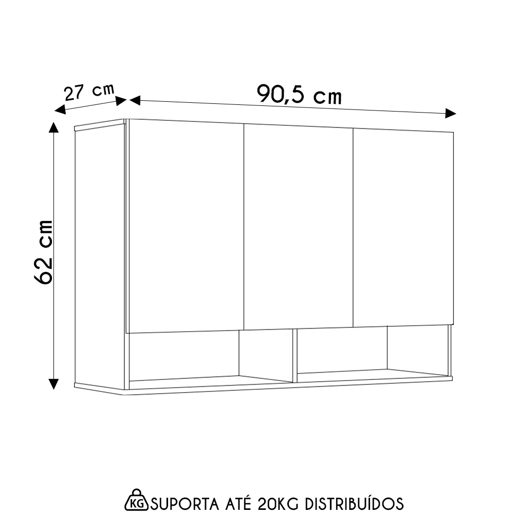 Armário de Cozinha Aéreo 3 Portas 2 Nichos 91cm Milão Preto - EJ Móveis