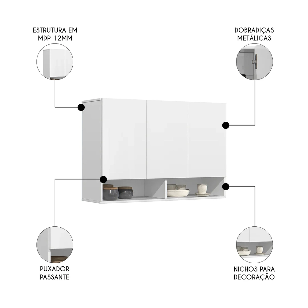 Armário de Cozinha Aéreo 3 Portas 2 Nichos 91cm Milão Branco - EJ Móveis