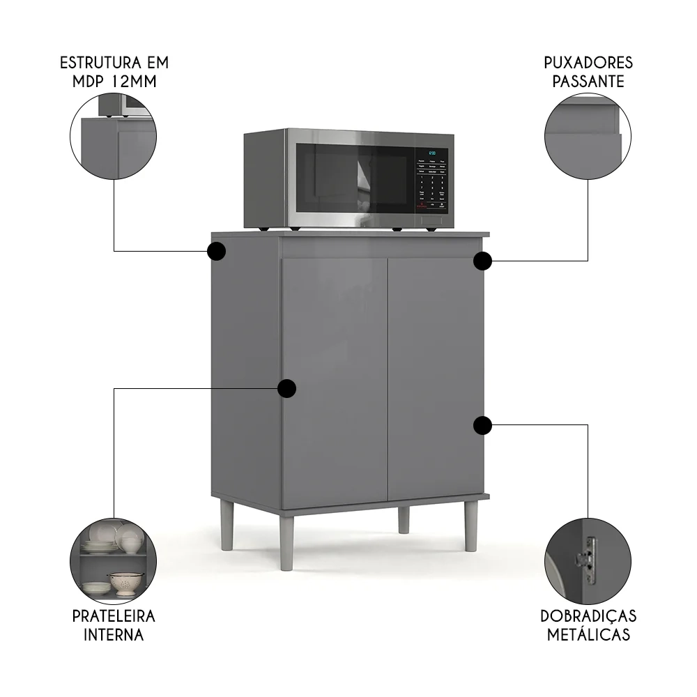 Balcão de Cozinha com Tampo 2 Portas 61cm Italy Cinza - EJ Móveis