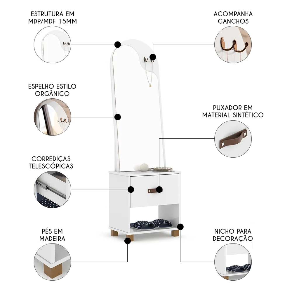 Toucador Penteadeira com Espelho 1 Gaveta Organic Branco - EJ Móveis