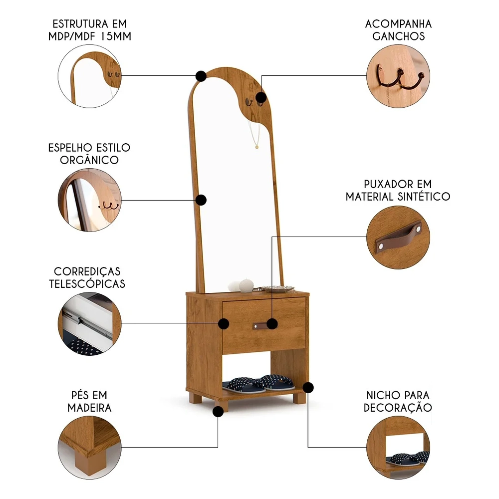 Toucador Penteadeira com Espelho 1 Gaveta Organic Freijó - EJ Móveis