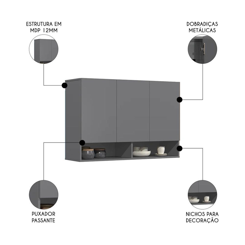 Armário de Cozinha Aéreo 3 Portas 2 Nichos 91cm Milão Cinza - EJ Móveis