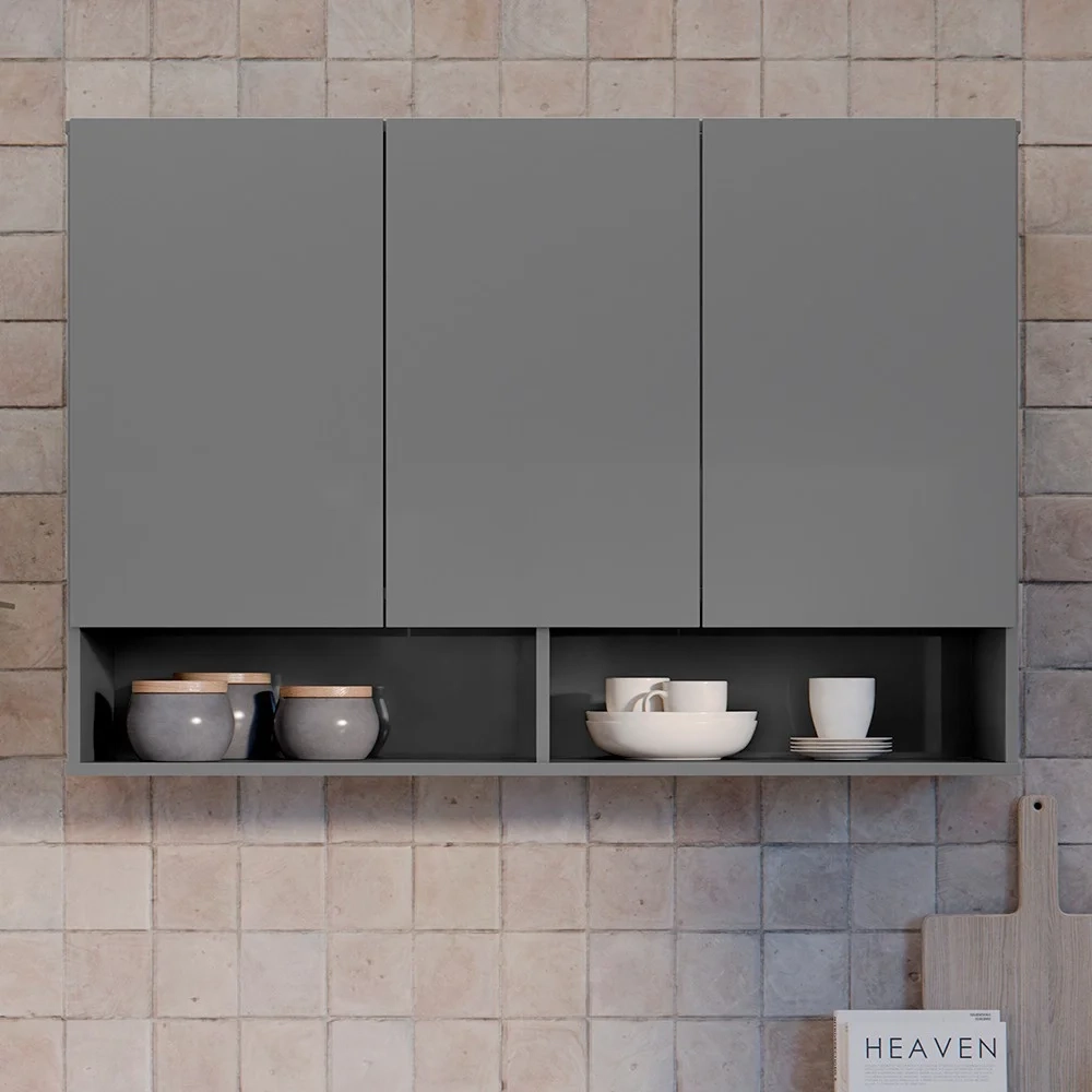 Armário de Cozinha Aéreo 3 Portas 2 Nichos 91cm Milão Cinza - EJ Móveis