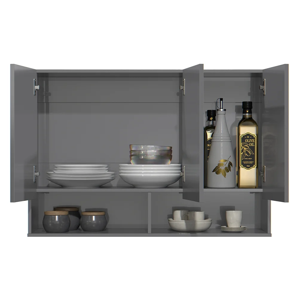 Armário de Cozinha Aéreo 3 Portas 2 Nichos 91cm Milão Cinza - EJ Móveis