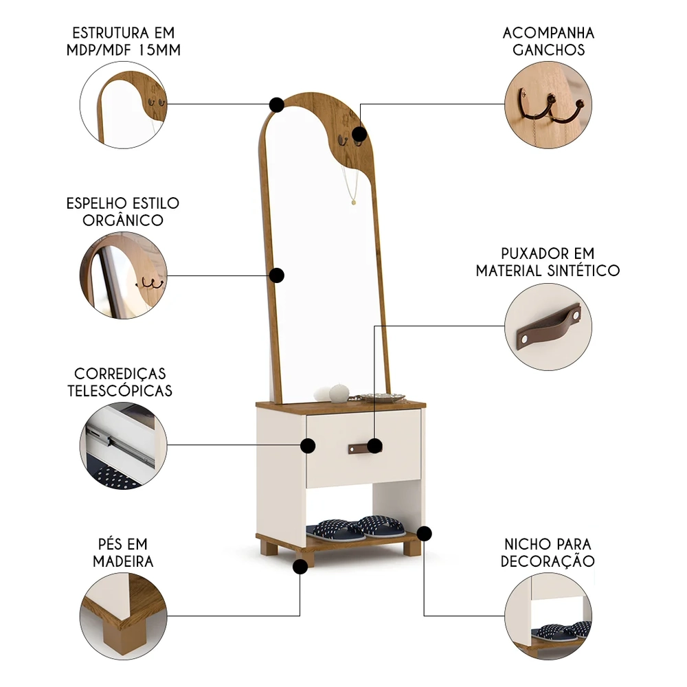 Toucador Penteadeira com Espelho 1 Gaveta Organic Off/Freijó - EJ Móveis