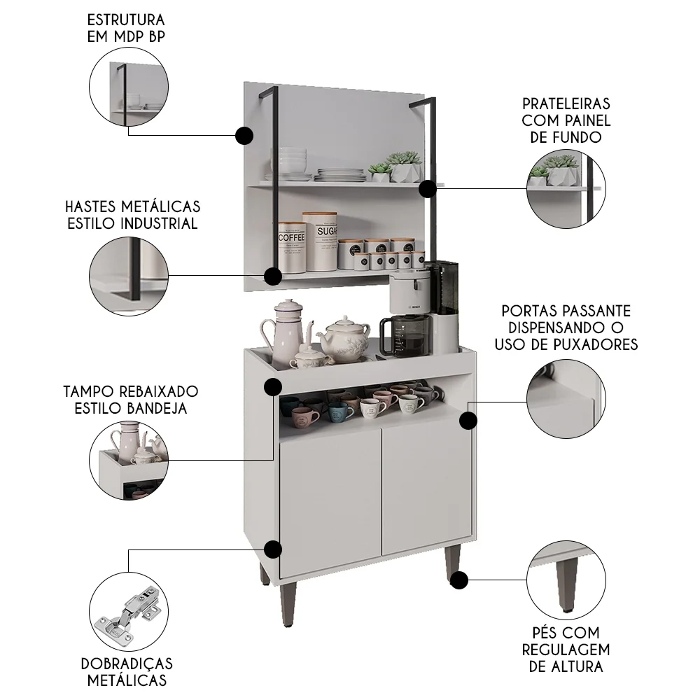 Aparador Cantinho do Café e Painel 2 Prateleiras Flora Z34 Branco - Mpozenato
