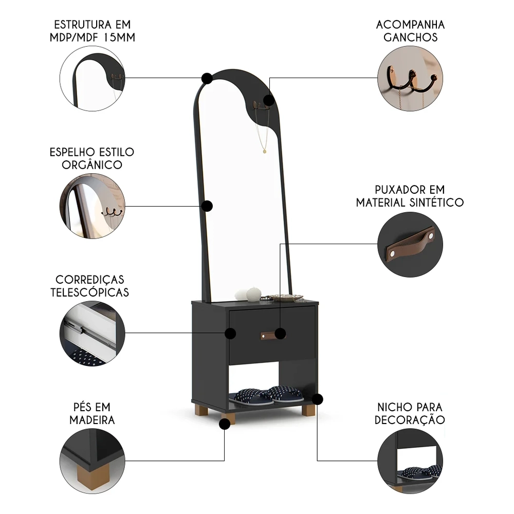 Toucador Penteadeira com Espelho 1 Gaveta Organic Preto - EJ Móveis