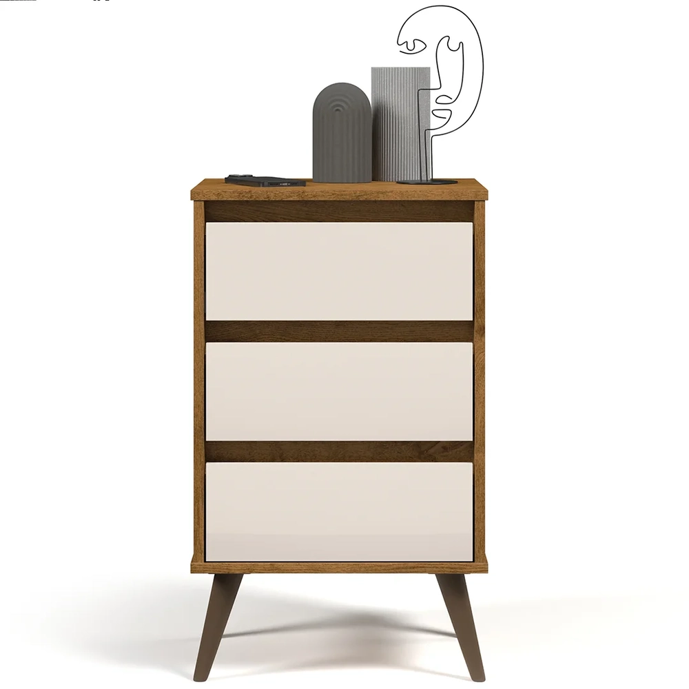 Mesa de Cabeceira Pés Retrô 3 Gavetas 43cm Wood Freijó/Off - EJ Móveis