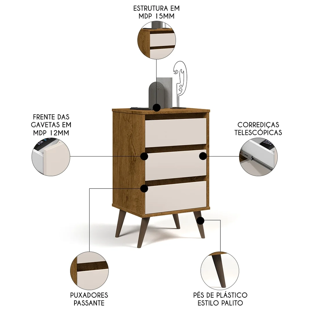 Mesa de Cabeceira Pés Retrô 3 Gavetas 43cm Wood Freijó/Off - EJ Móveis