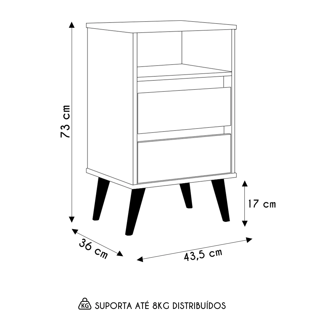 Mesa de Cabeceira Pés Retrô 2 Gavetas 43cm Roma Branco - EJ Móveis