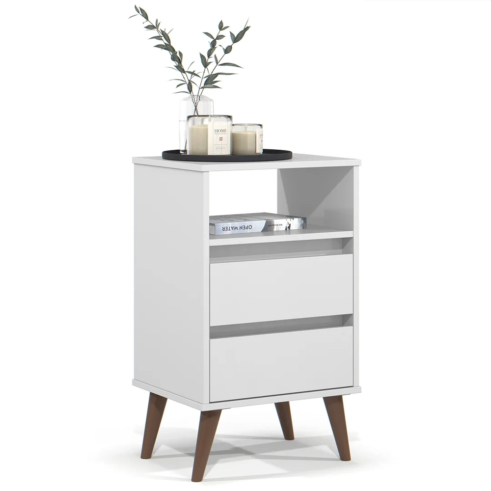 Mesa de Cabeceira Pés Retrô 2 Gavetas 43cm Roma Branco - EJ Móveis