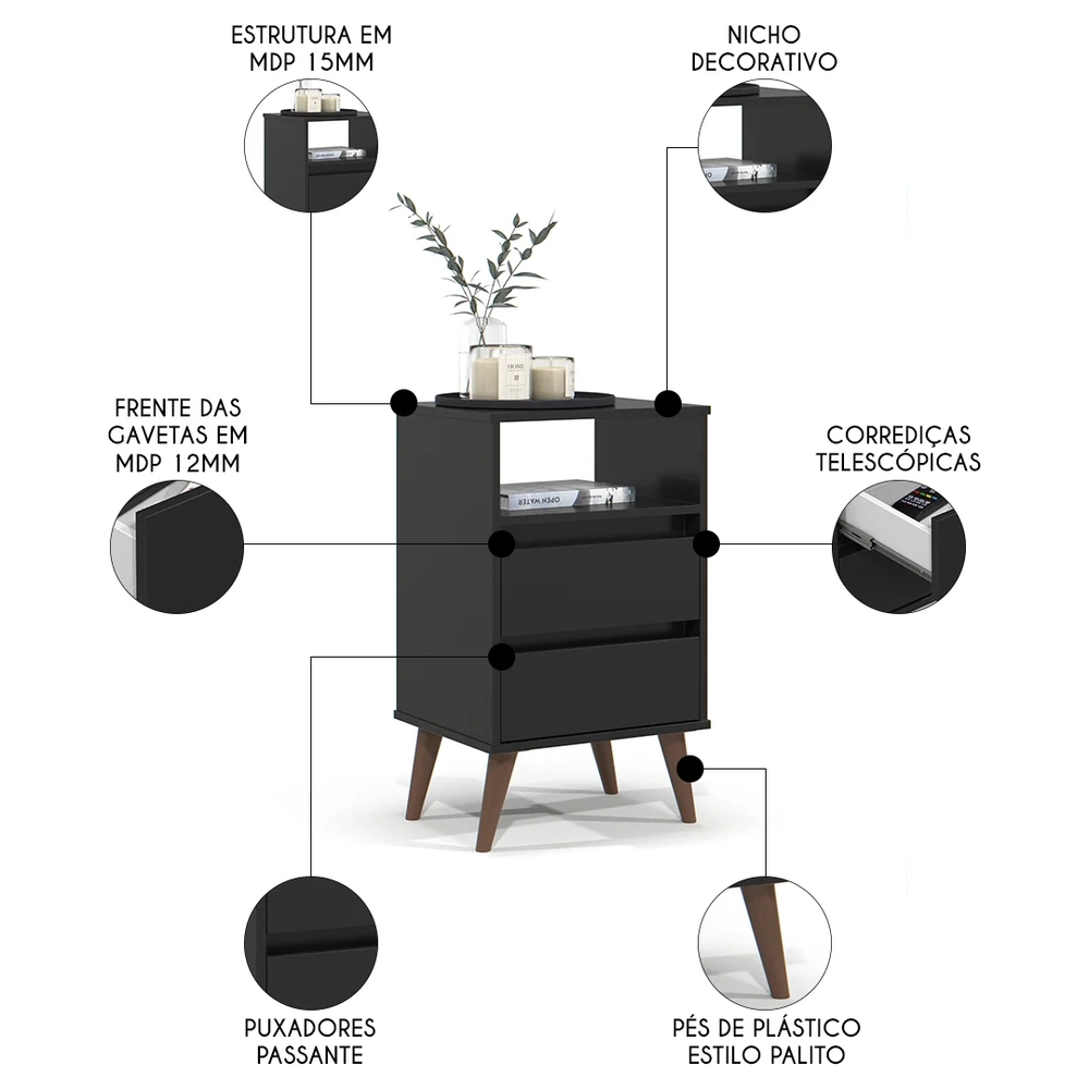 Mesa de Cabeceira Pés Retrô 2 Gavetas 43cm Roma Preto - EJ Móveis