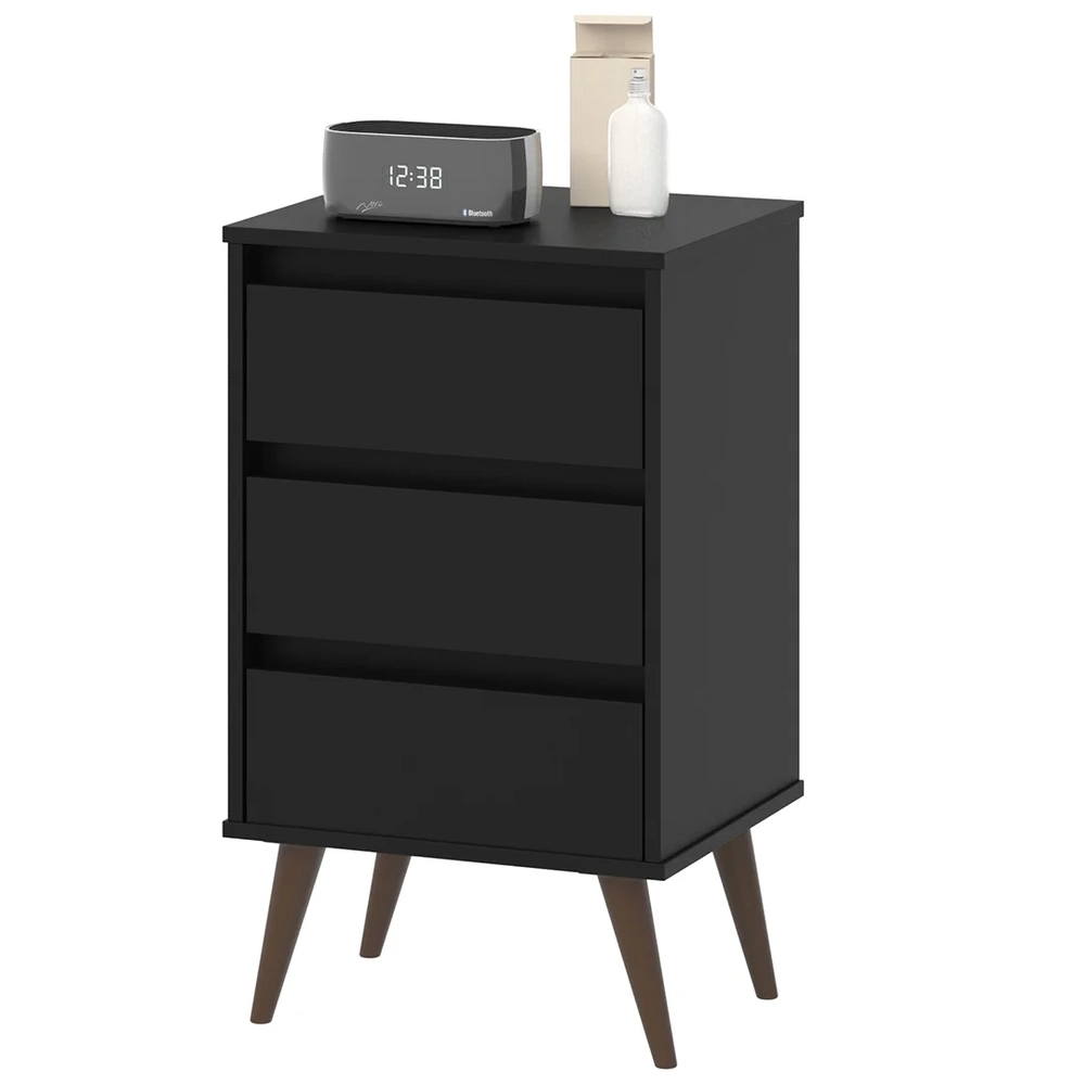 Mesa de Cabeceira Pés Retrô 3 Gavetas 43cm Wood Preto - EJ Móveis